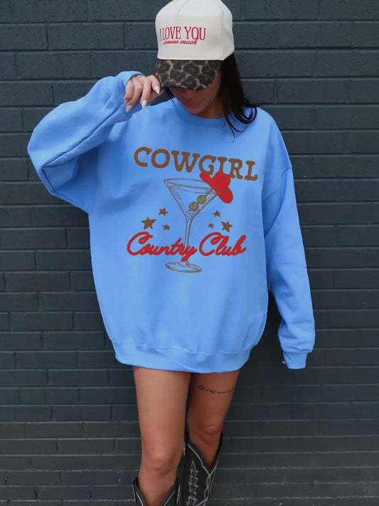 Cowgirl Country Club Crewneck Sweatshirt Blue S-2X