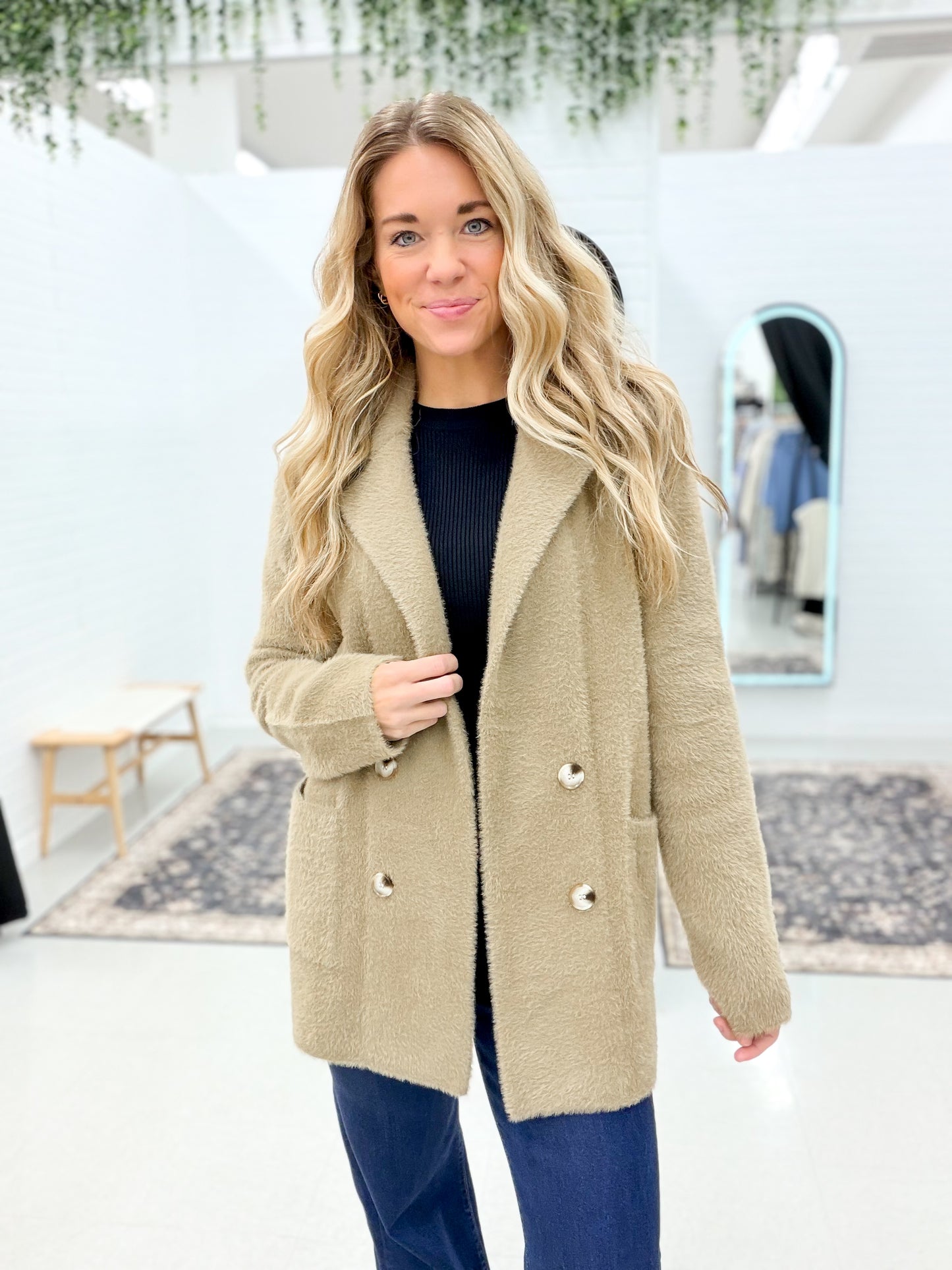 Only You Fuzzy Double Button Coatigan Taupe