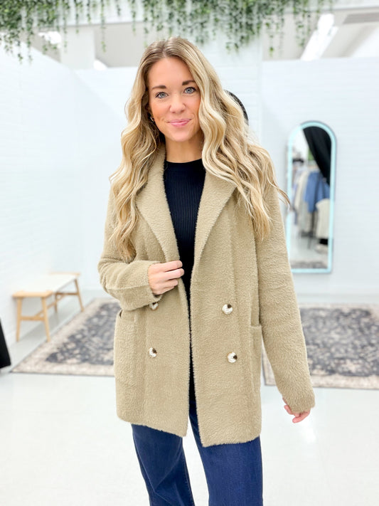 Only You Fuzzy Double Button Coatigan Taupe