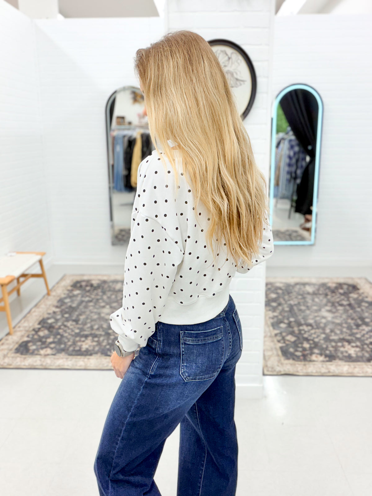 Stay Chic Polka Dot Off The Shoulder Sweatshirt White