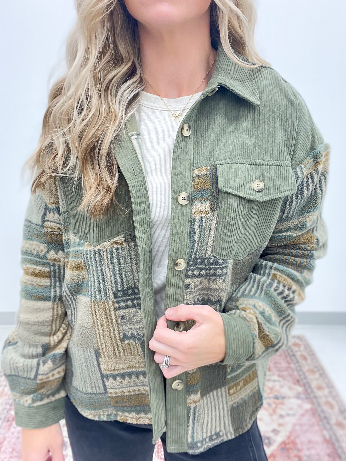 Take It In Fleece Corduroy Button Down Jacket Olive