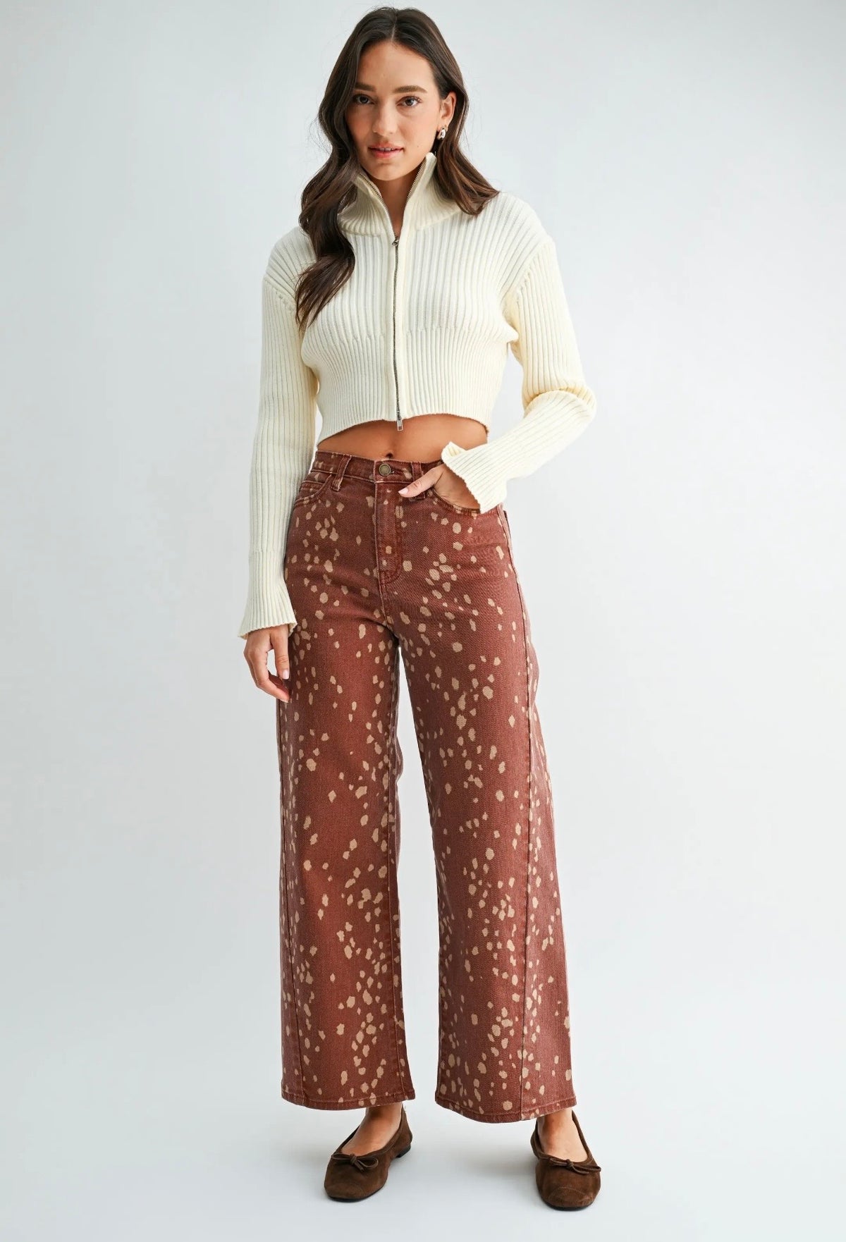 JBD Deer Print Slim Wide Leg Jeans