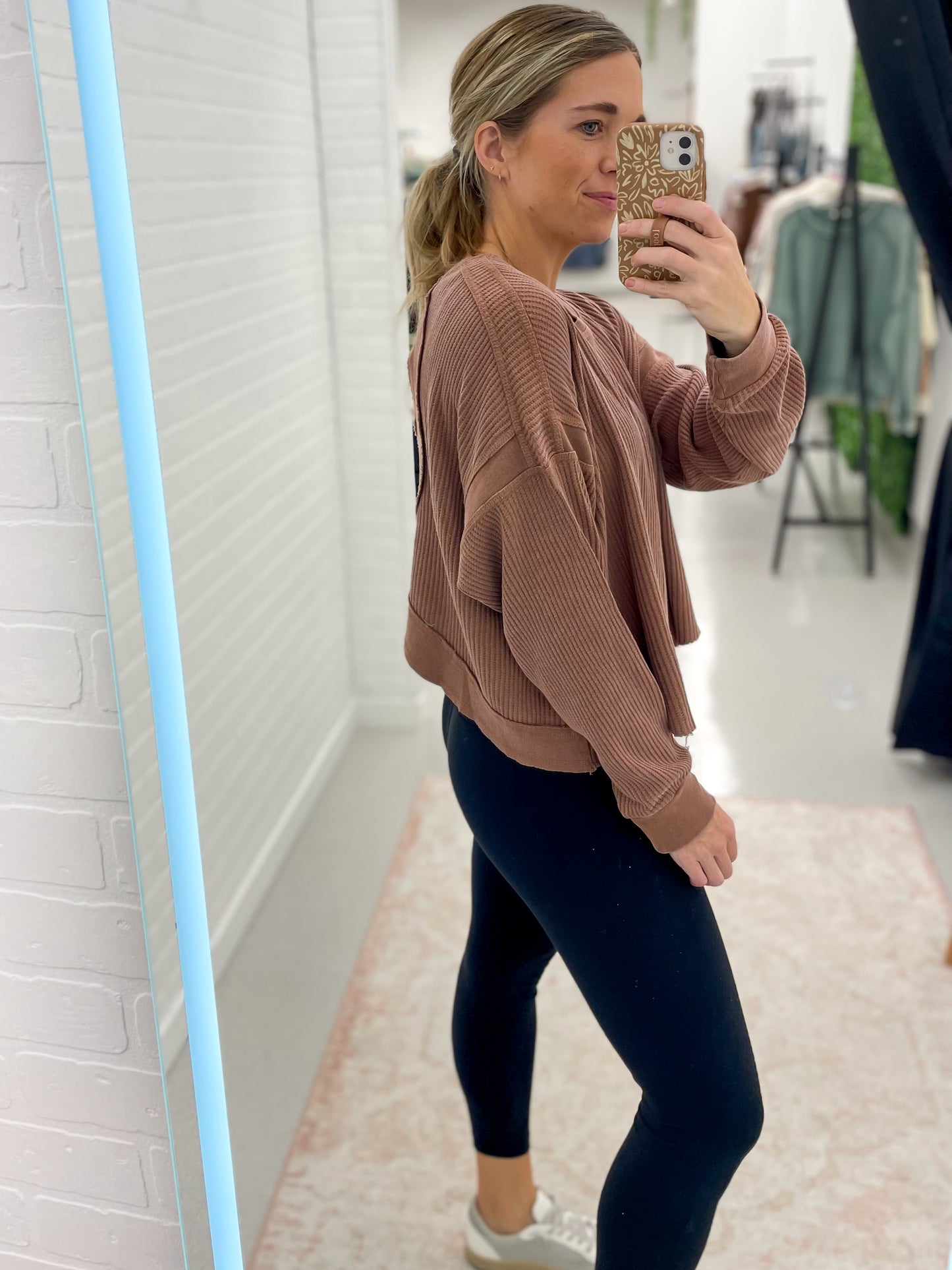 Her Time Waffle Knit Open Back Long Sleeve Top Chestnut
