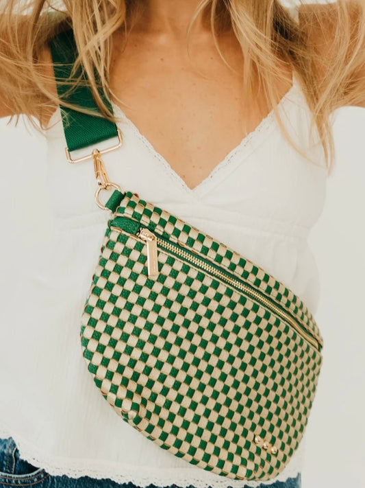 The Westlyn Woven Bum Bag Checkered Metallic Emerald Gold