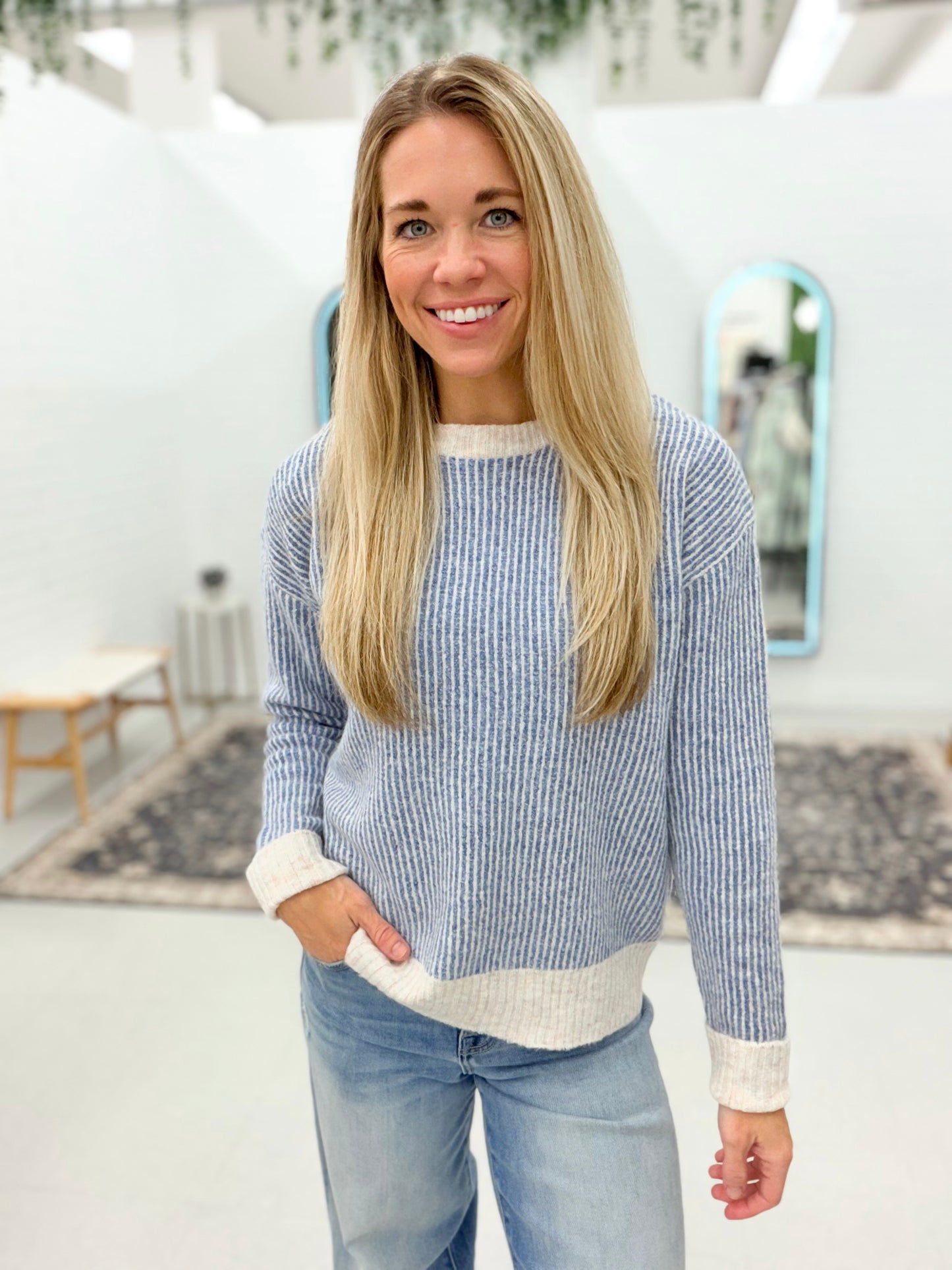 Keep Up Ribbed Pullover Sweater Blue