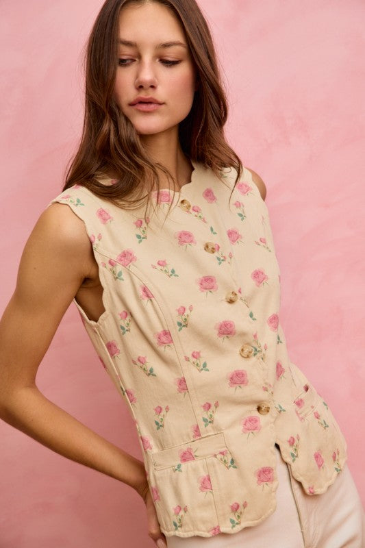For You Floral Rose Scallop Button Down Vest Ivory/Pink