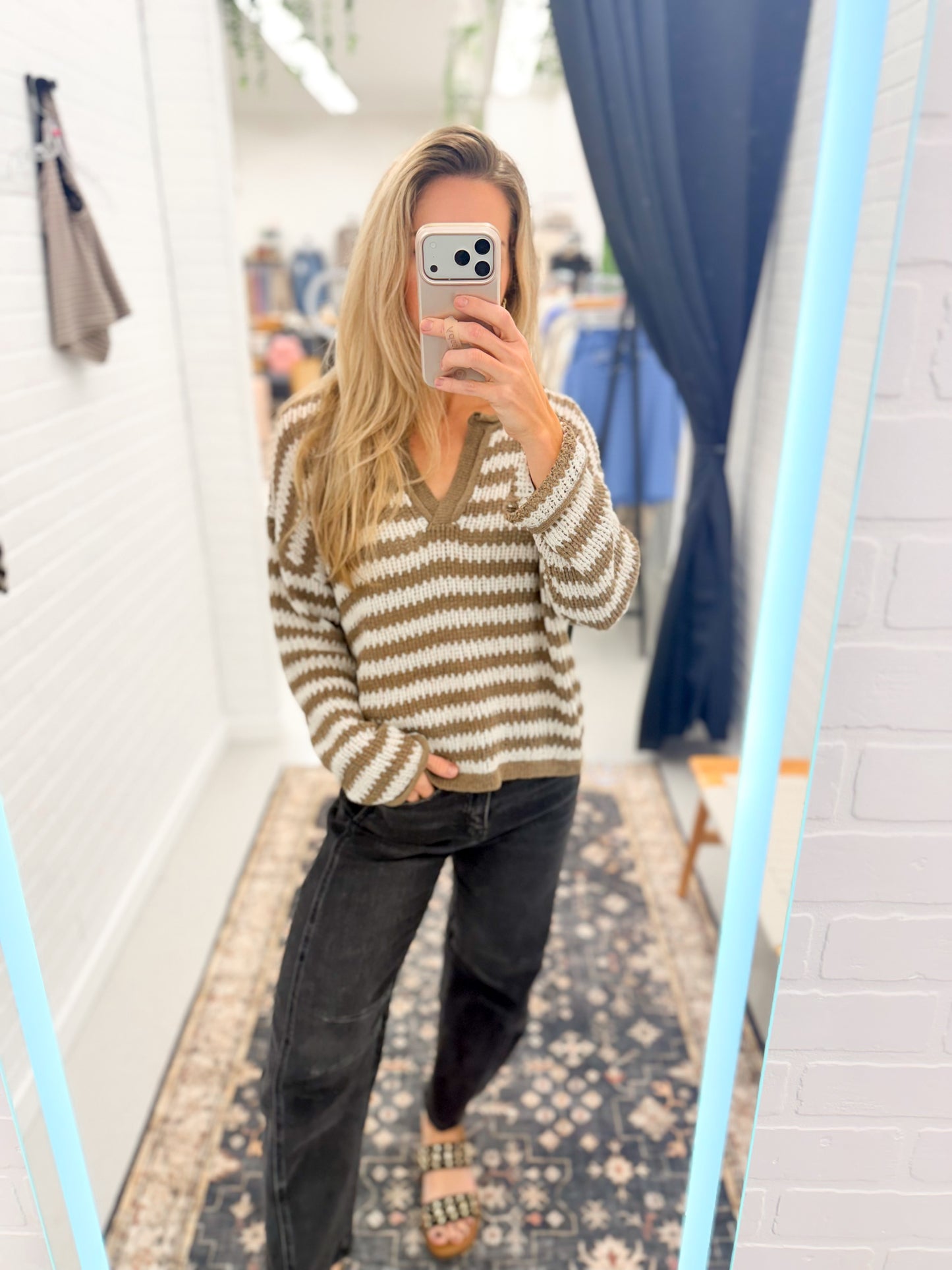 Never Ending Split Neck Knit Stripe Sweater Mocha