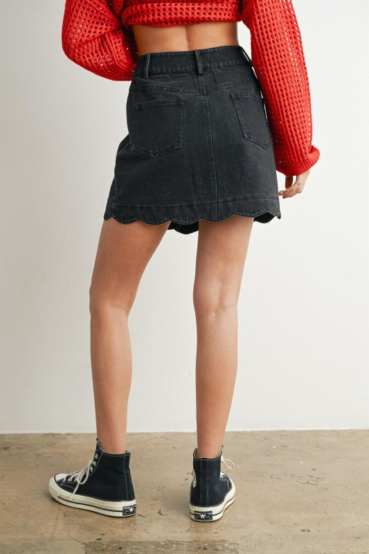 Starts With You Scallop Detail Button Denim Skirt Black