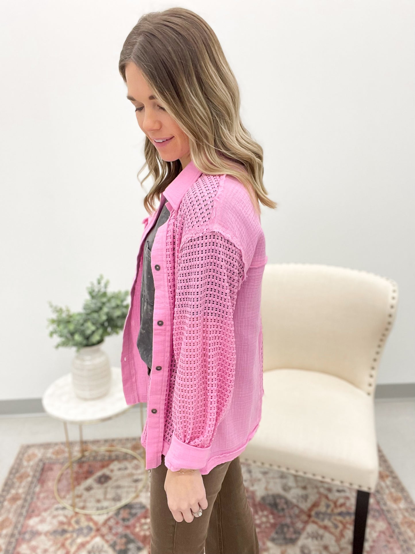 Sunset Beach Crochet Detail Cotton Top Pink Extended