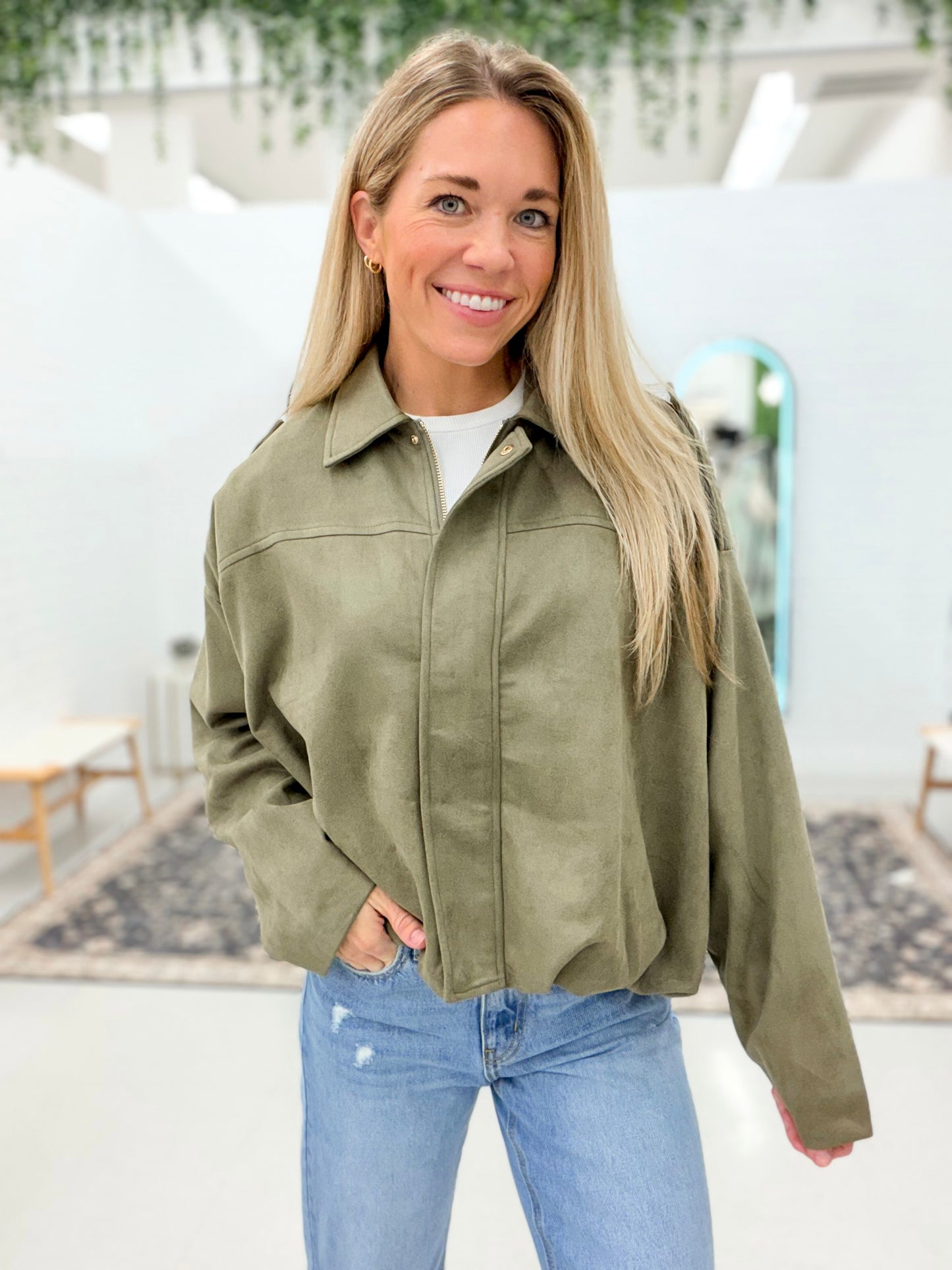 Daydreamer Microsuede Bubble Hem Jacket Olive