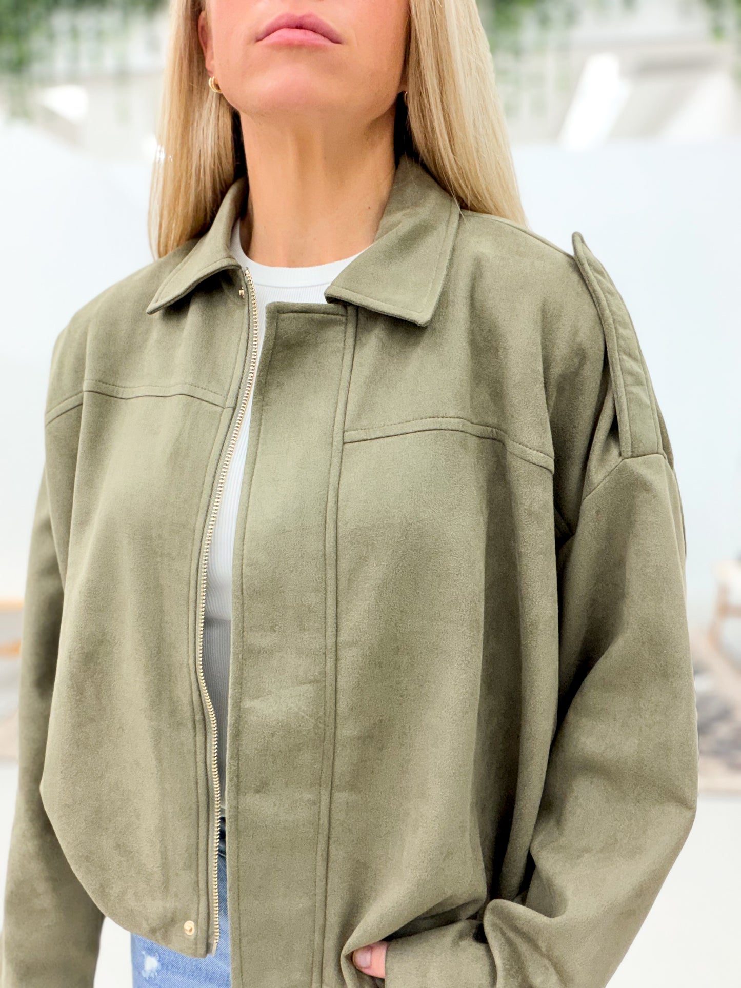 Daydreamer Microsuede Bubble Hem Jacket Olive