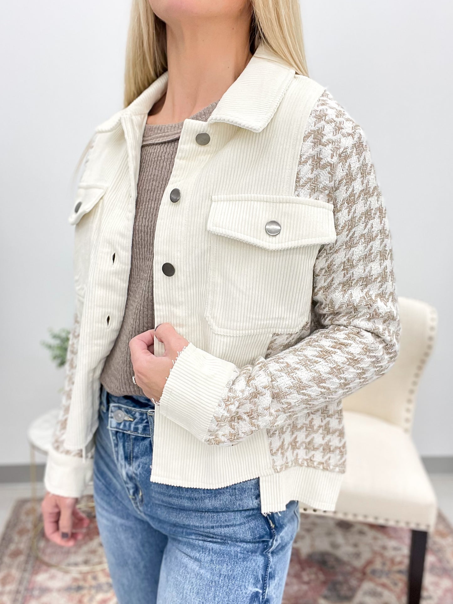 Simply Deluxe Houndstooth Corduroy Jacket Ivory