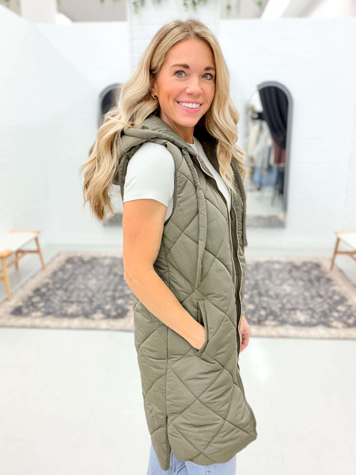 Bundle Up Quilted Puffer Long Hooded Vest Olive