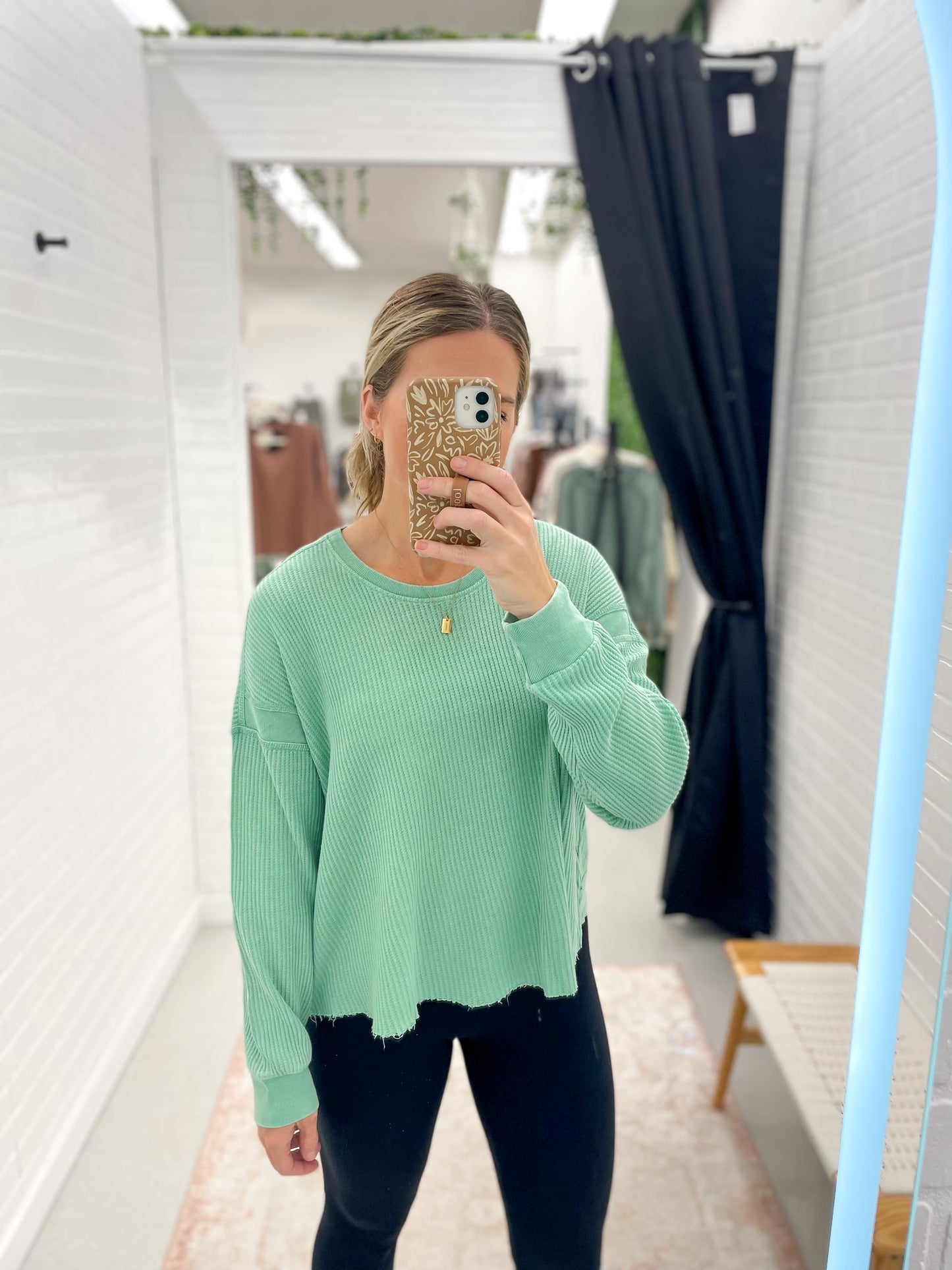 Her Time Waffle Knit Open Back Long Sleeve Top Light Emerald