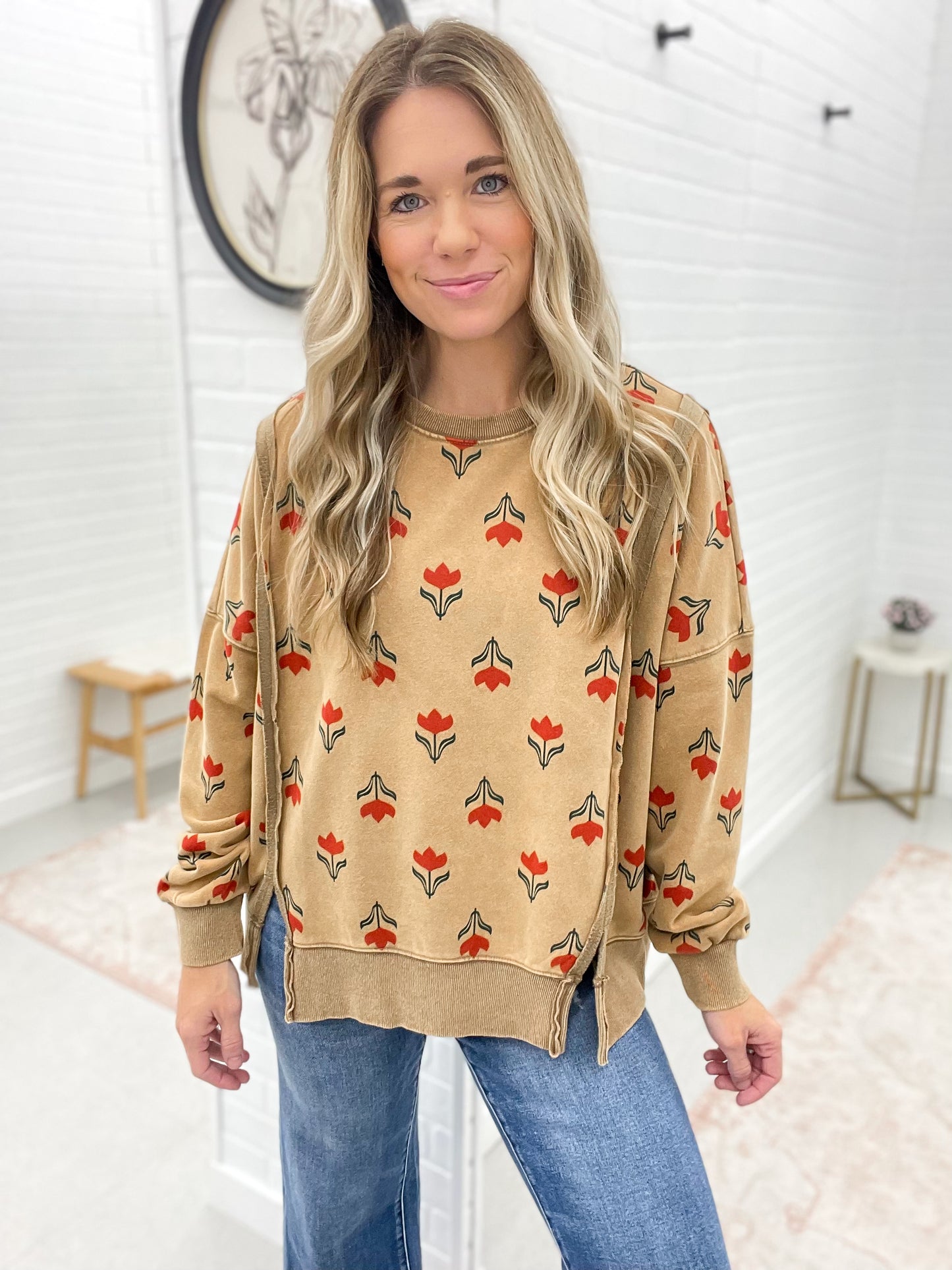 Rooted In Flower Print Mineral Wash Pullover Camel