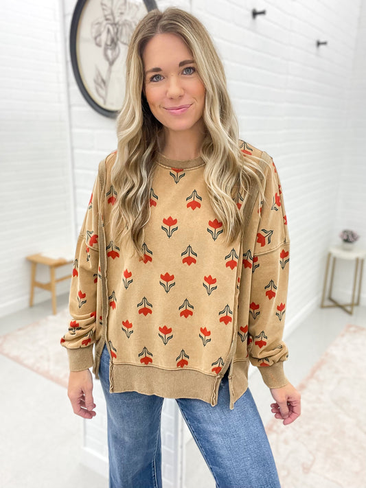 Rooted In Flower Print Mineral Wash Pullover Camel