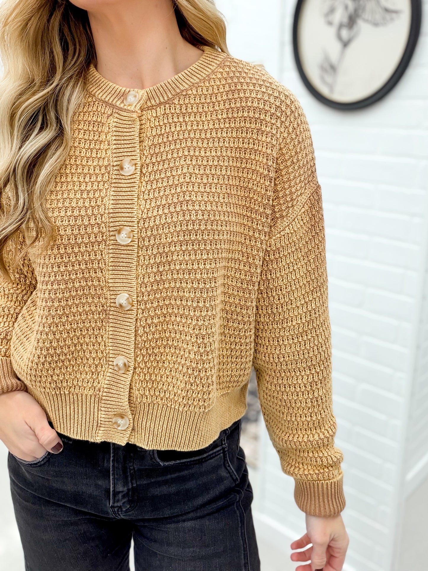 Looking Back Mineral Wash Cable Knit Button Cardigan Camel Small, Large
