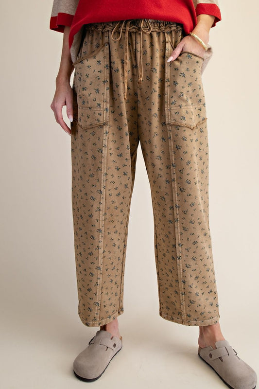 Darling Ditsy Floral Mineral Wash Barrel Pants Almond