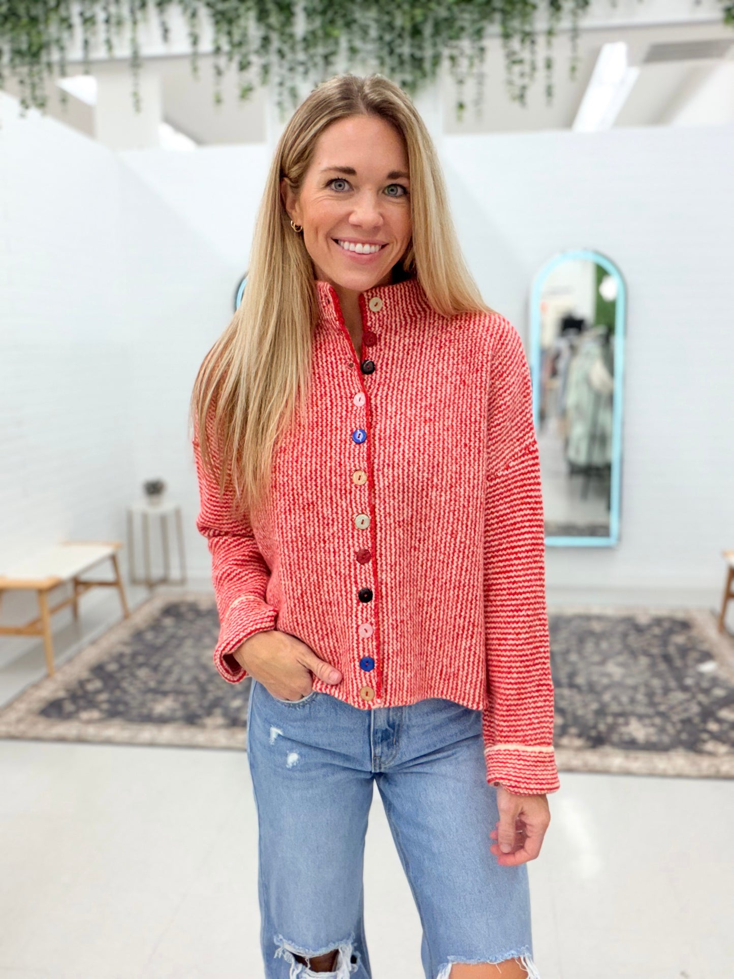 Like Her Ivory Red Button Detail Sweater
