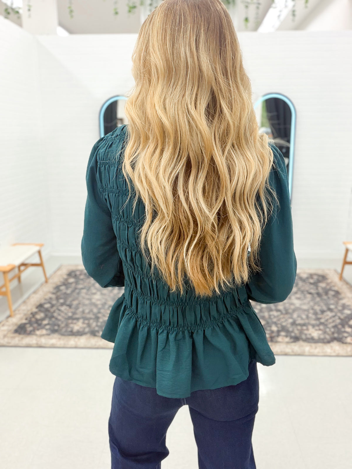 Fall Back Smocked Peplum Blouse Hunter Green