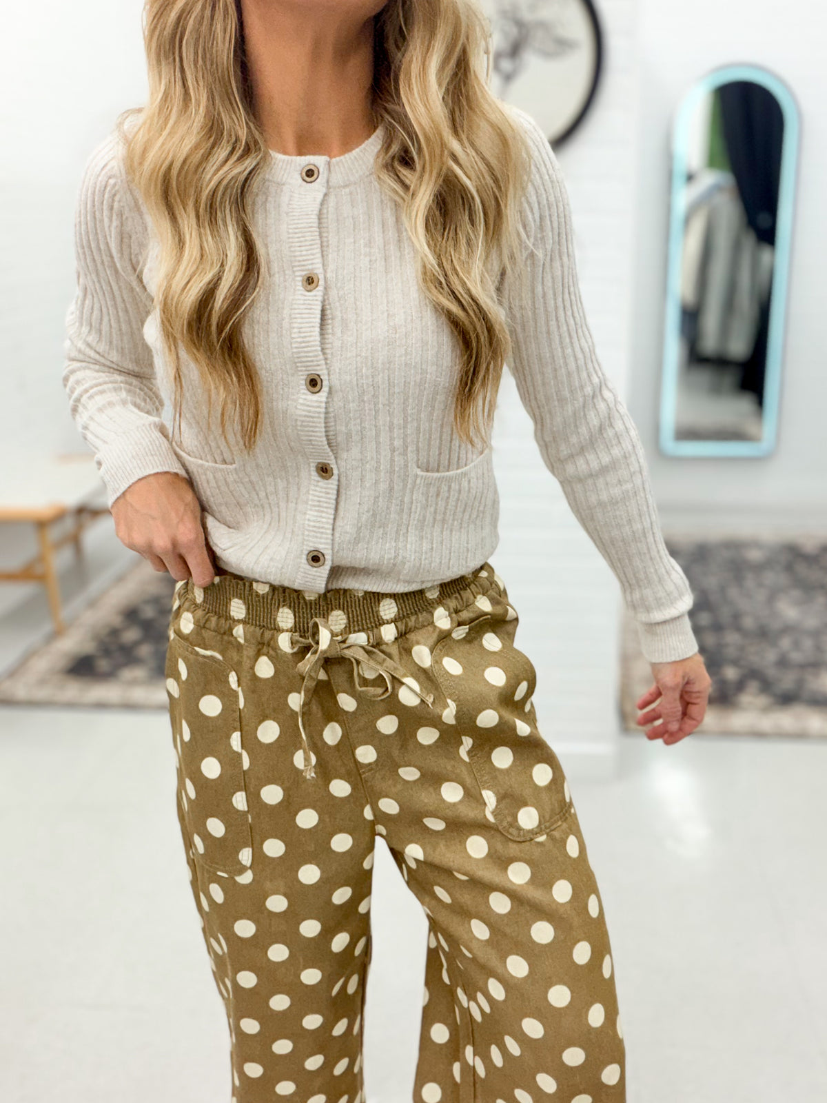 On Trend Wide Leg Polka Dot Pants Taupe