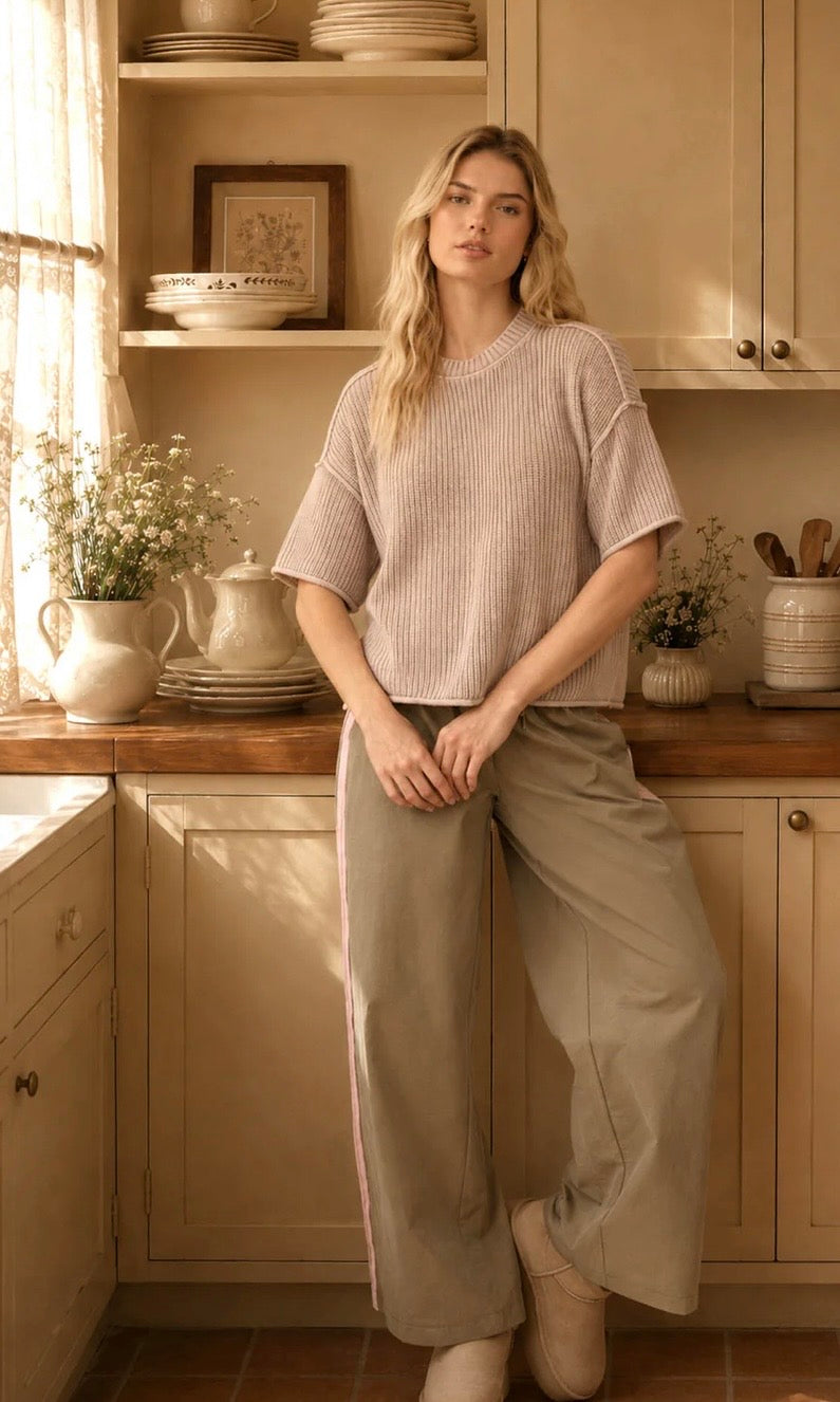 Here For You Washed Crew Short Sleeve Knit Sweater Mocha