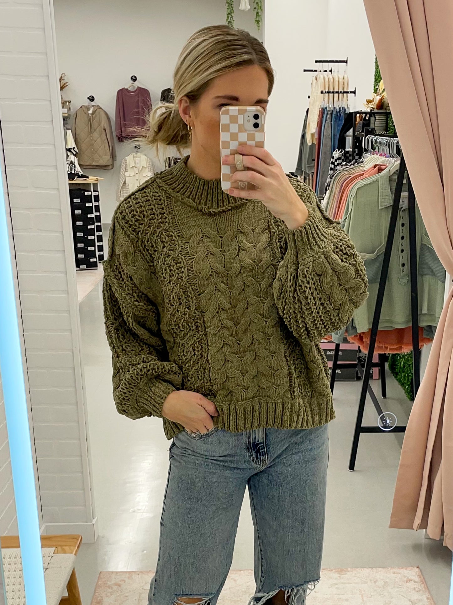 The Polly Mock Neck Cable Knit Sweater Olive