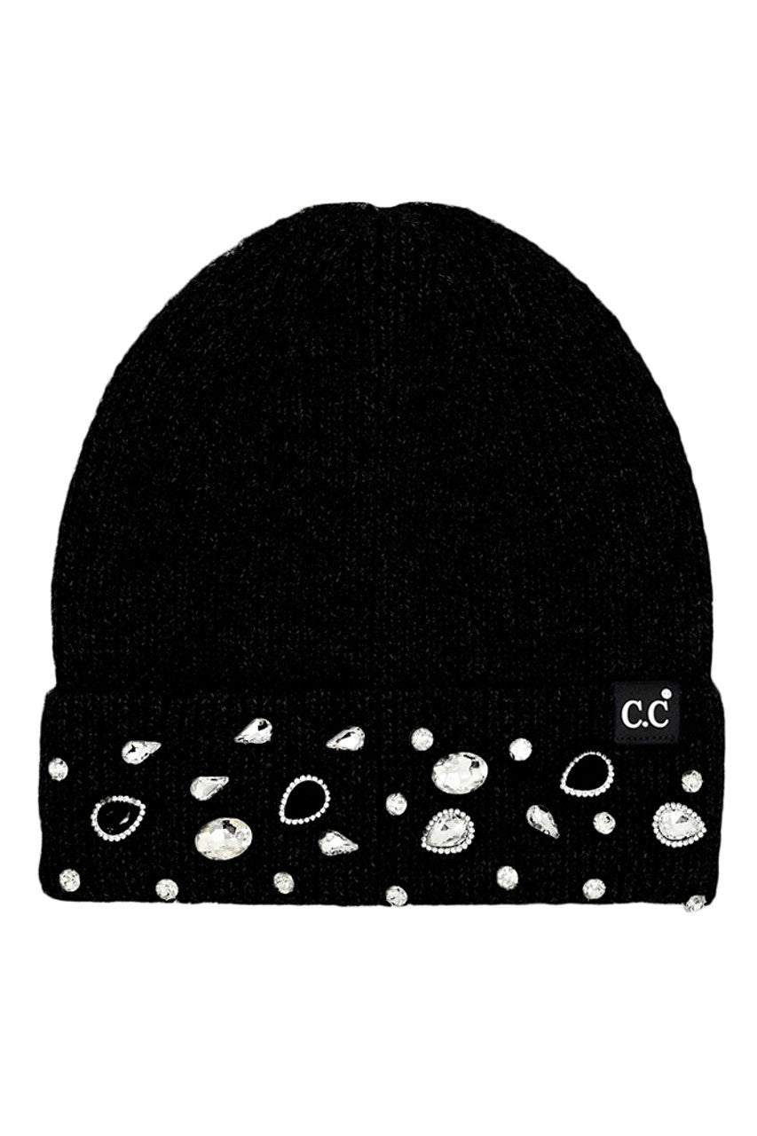 C.C. Rhinestone Charm Cuff Beanie Black