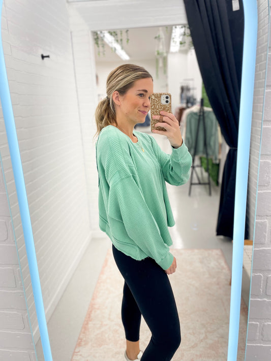 Her Time Waffle Knit Open Back Long Sleeve Top Light Emerald