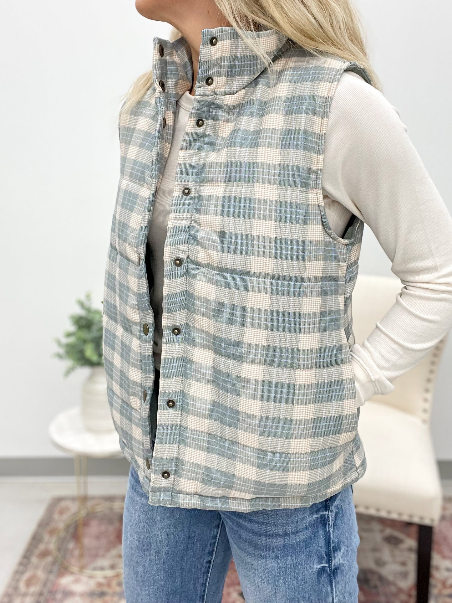 She's Yours Plaid Puffer Vest Pine/Cream