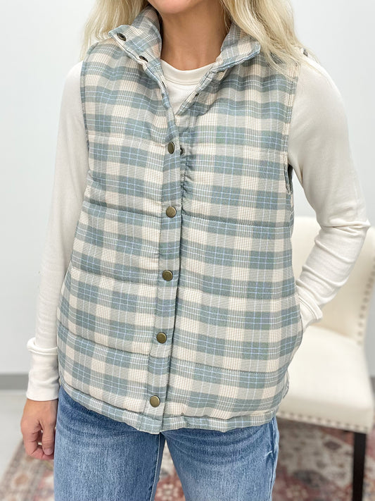 She's Yours Plaid Puffer Vest Pine/Cream