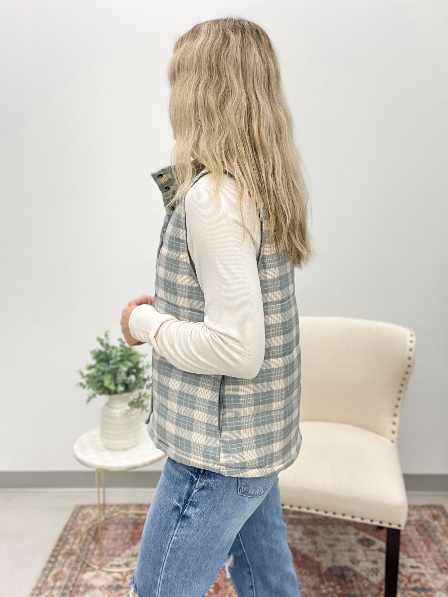 She's Yours Plaid Puffer Vest Pine/Cream