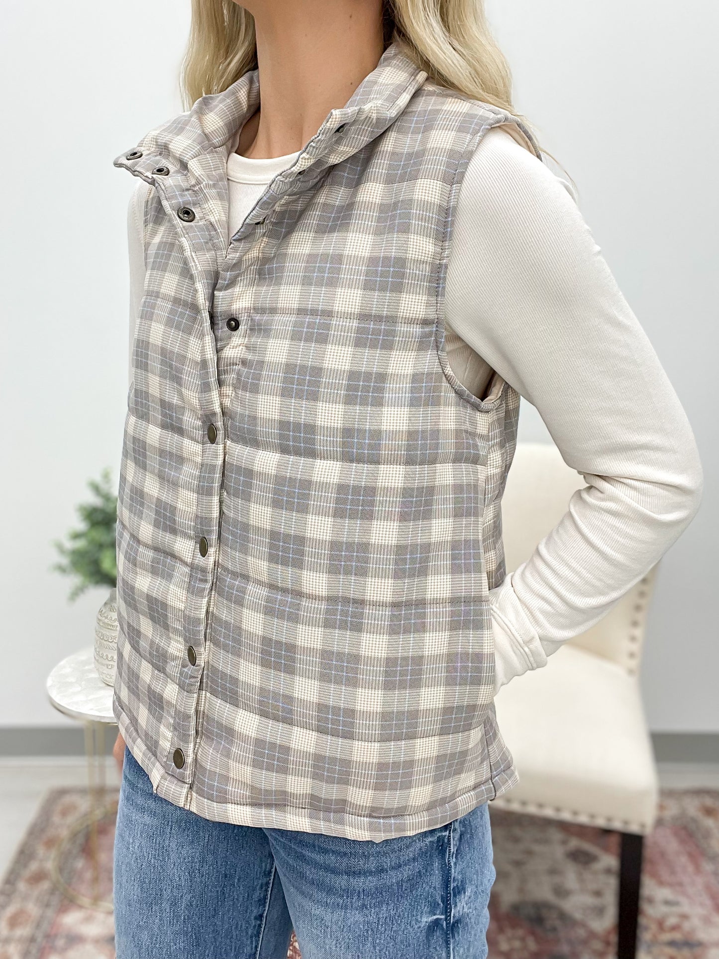 She's Yours Plaid Puffer Vest Taupe/Cream