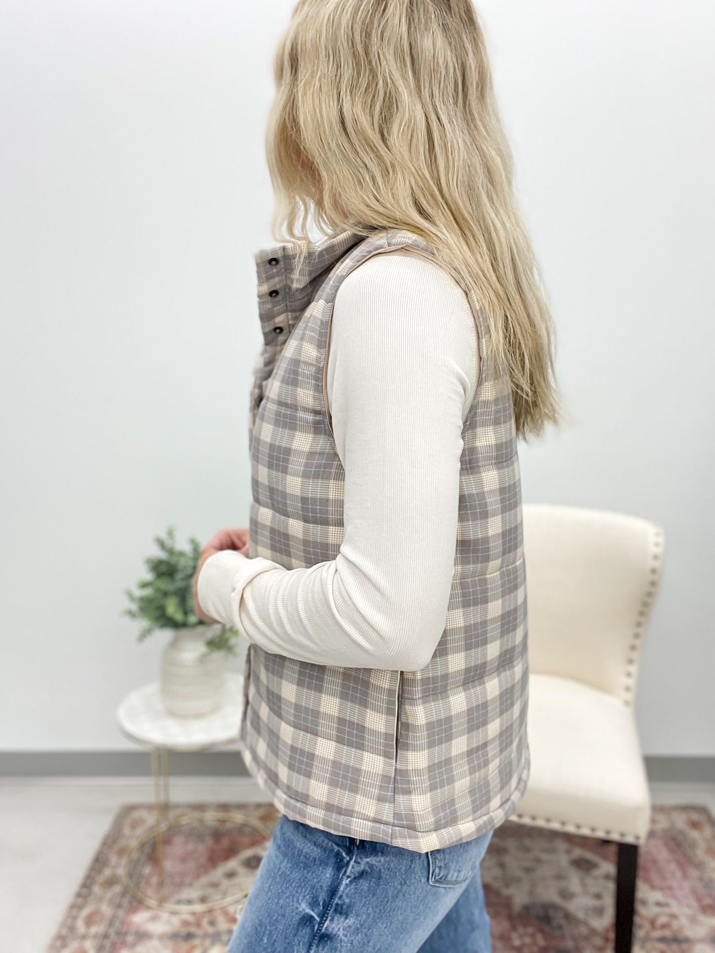 She's Yours Plaid Puffer Vest Taupe/Cream