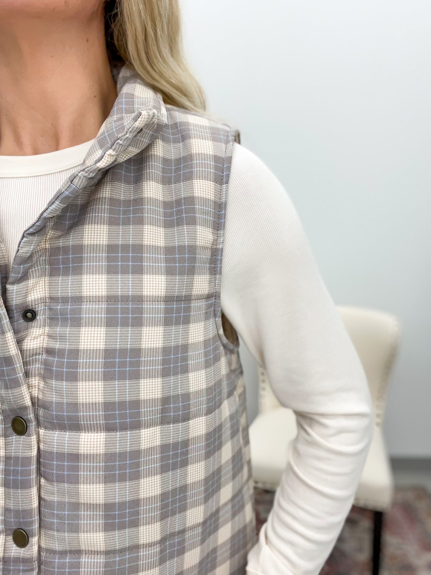 She's Yours Plaid Puffer Vest Taupe/Cream