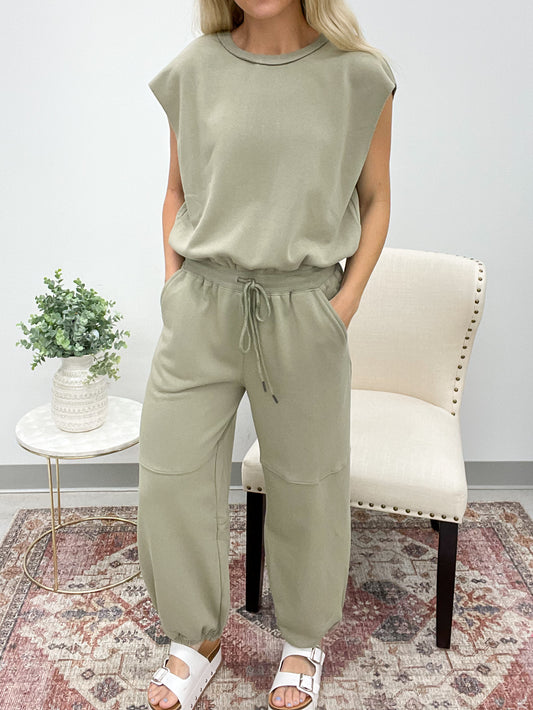 A Team Athleisure French Terry Jogger Jumpsuit Light Olive