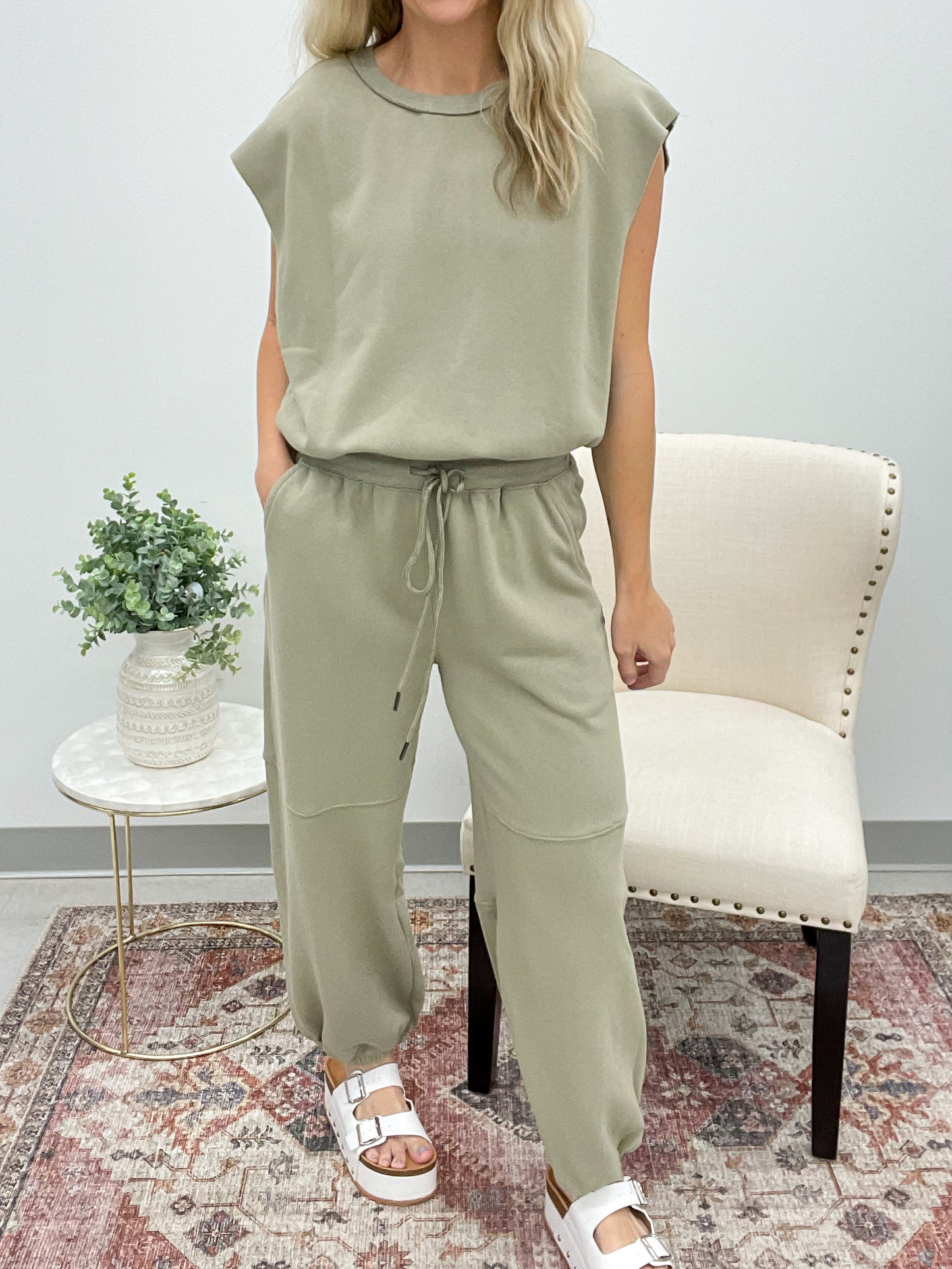 A Team Athleisure French Terry Jogger Jumpsuit Light Olive