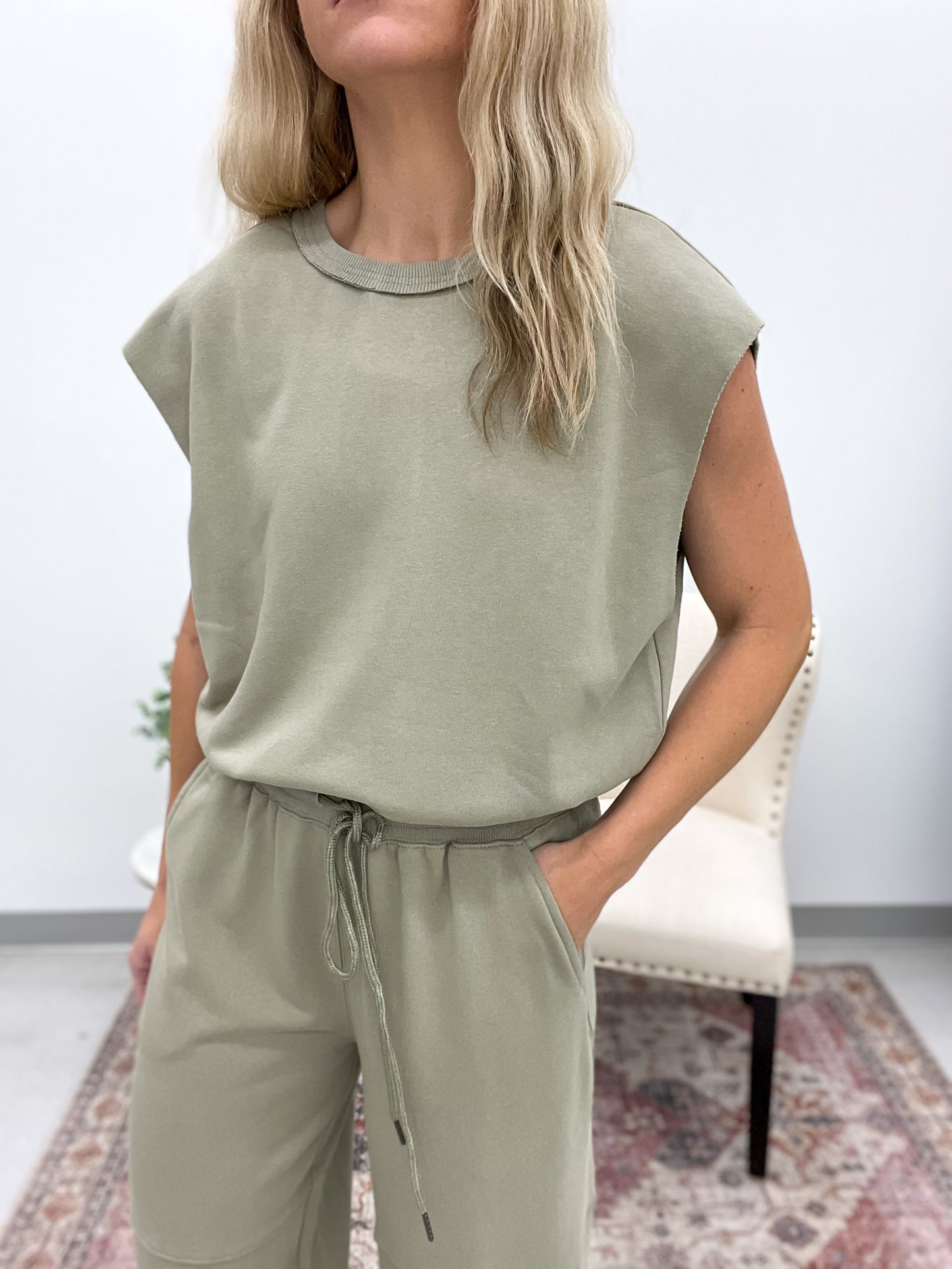 A Team Athleisure French Terry Jogger Jumpsuit Light Olive