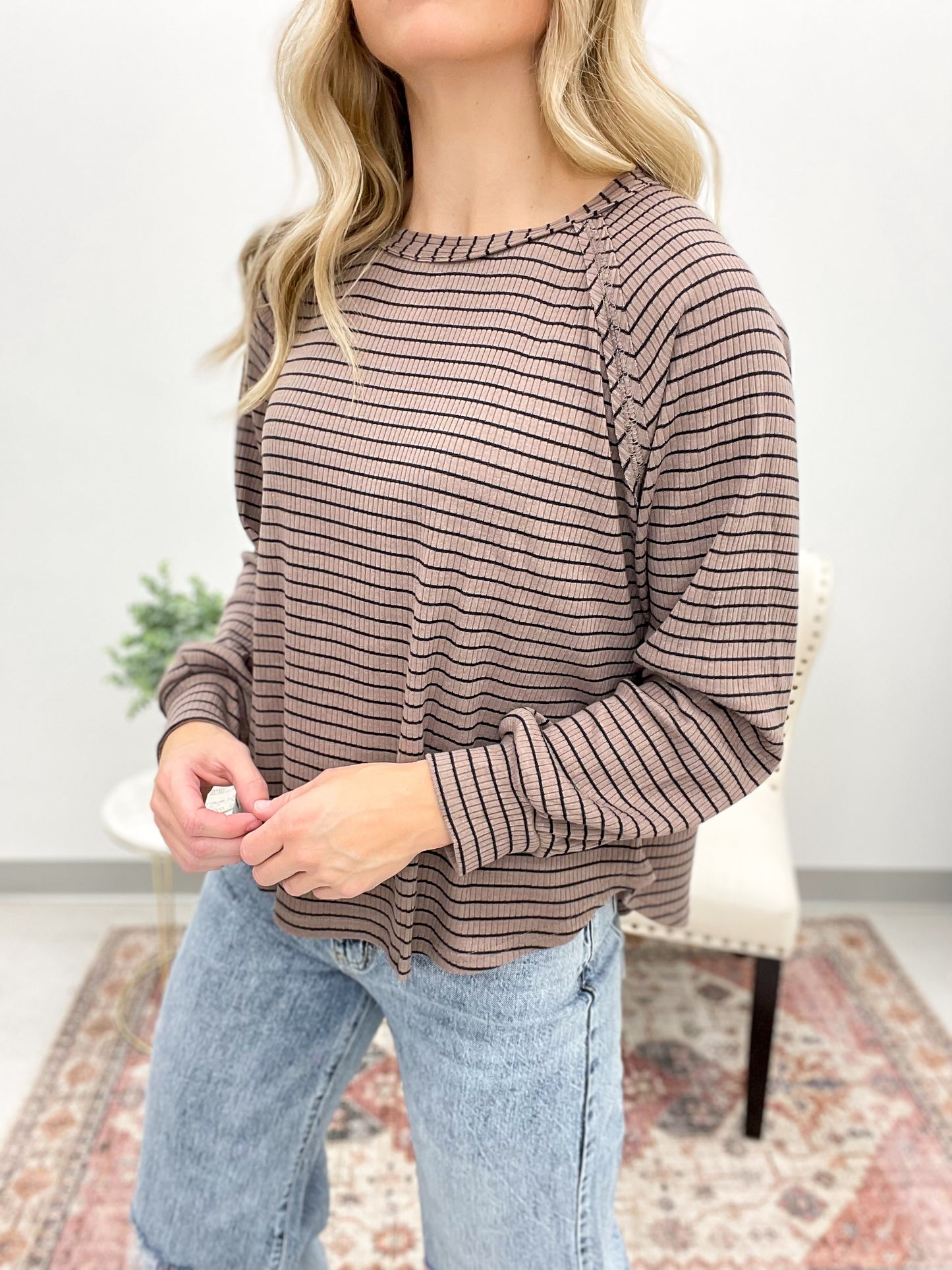 Something Like This Raglan Ribbed Knit Top Taupe/Black