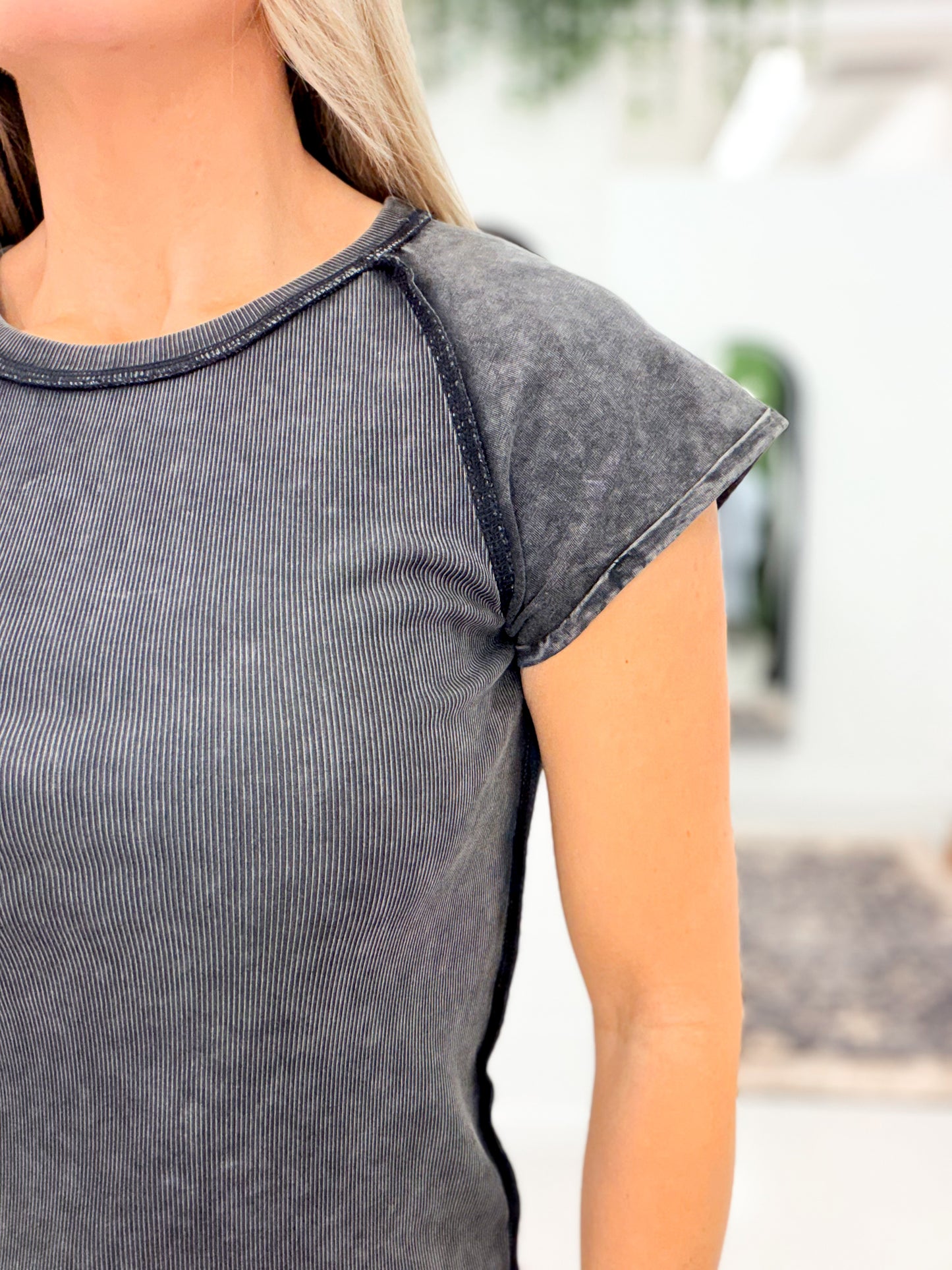 Stay Calm Baby Ribbed Cap Sleeve Knit Wash Top Black