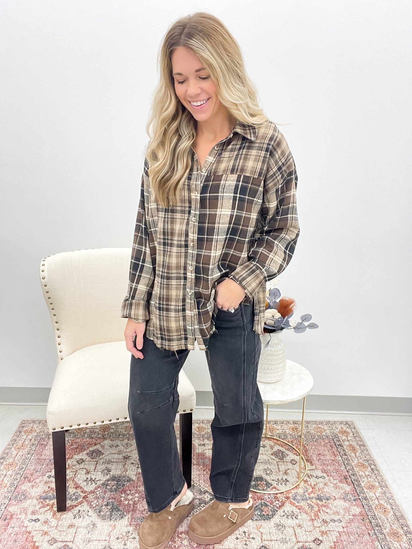 Espresso Edge Plaid Flannel Shirt Brown