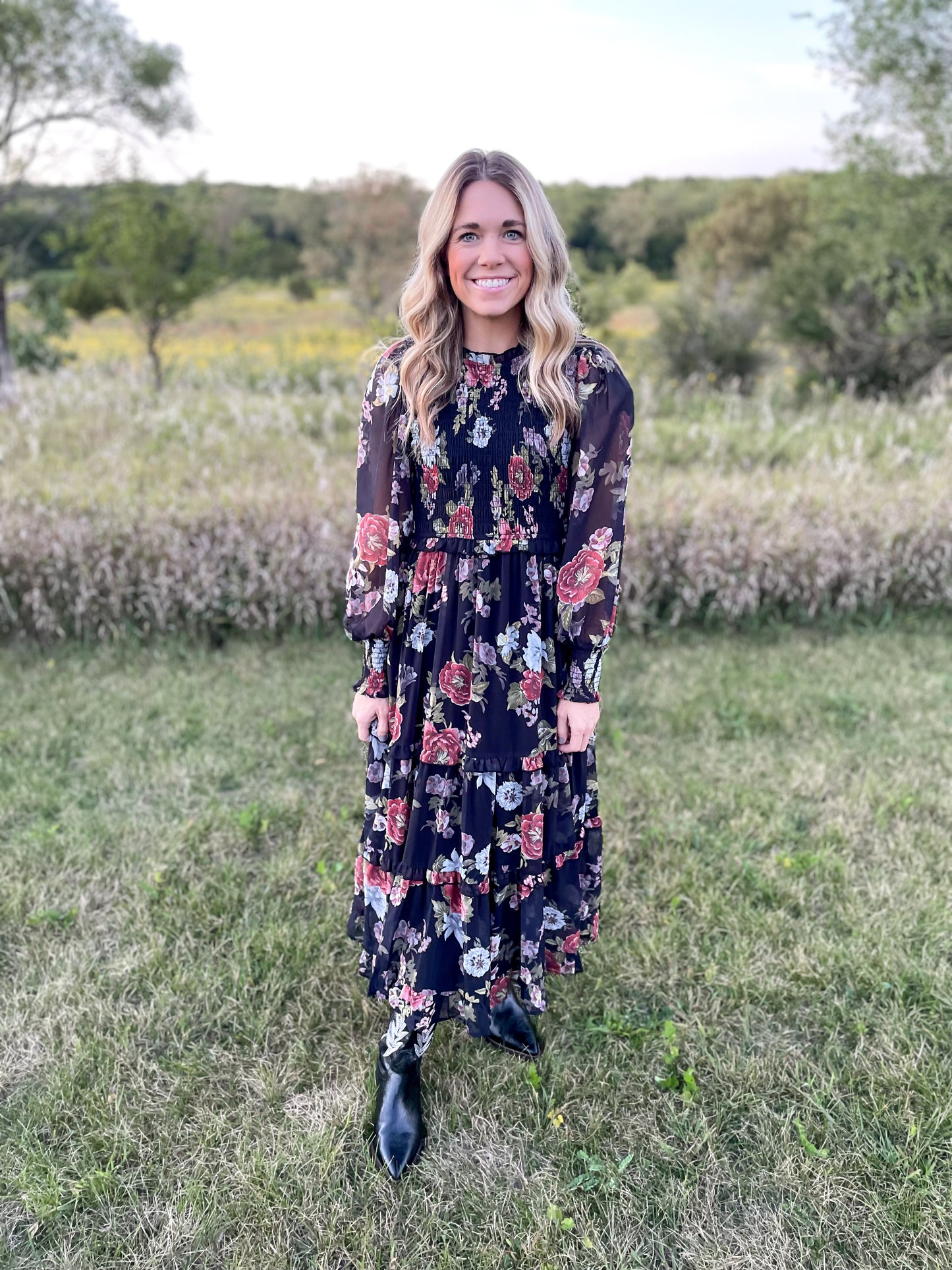 The Nova Smocked Floral Dress Black