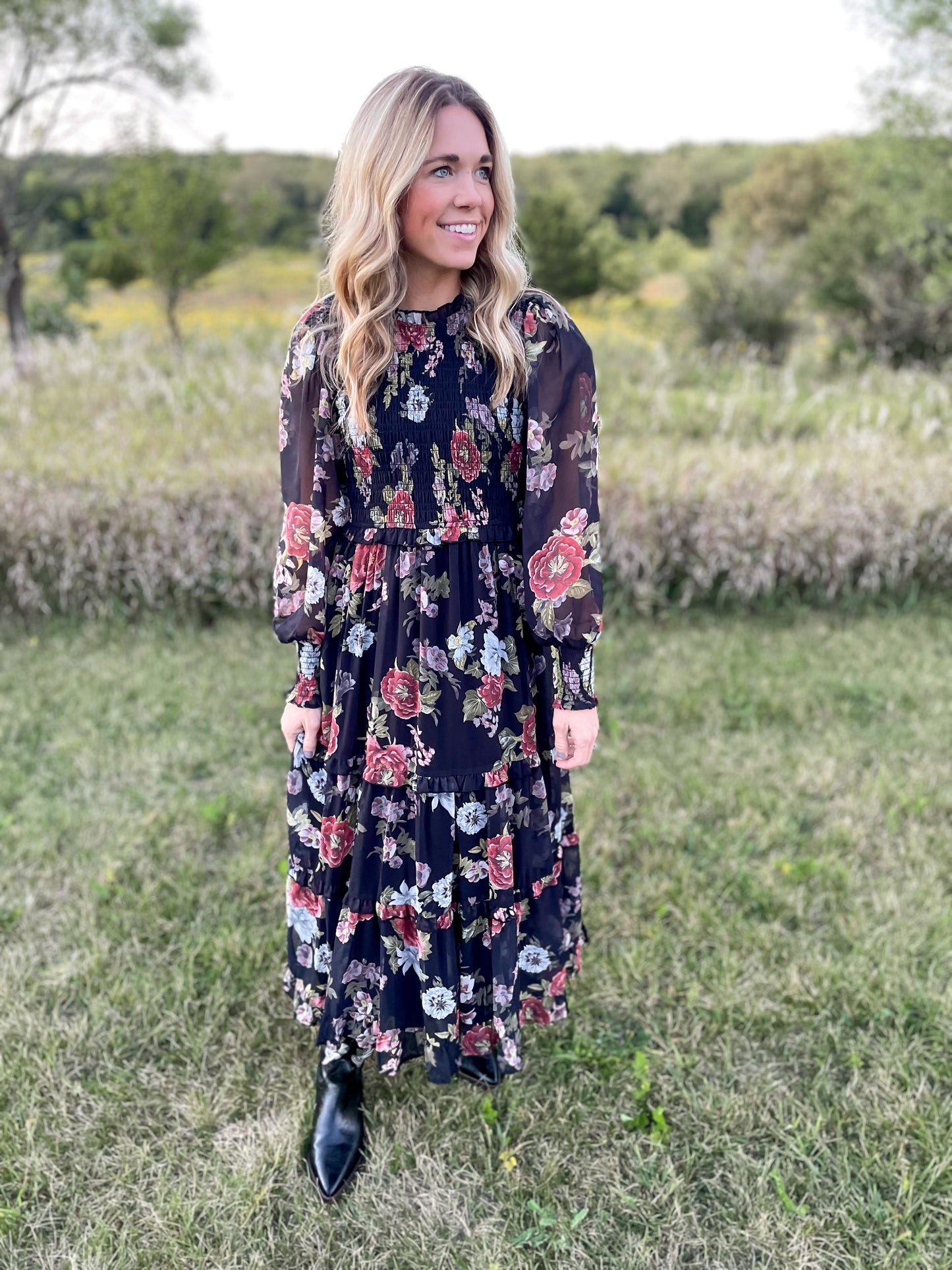 The Nova Smocked Floral Dress Black