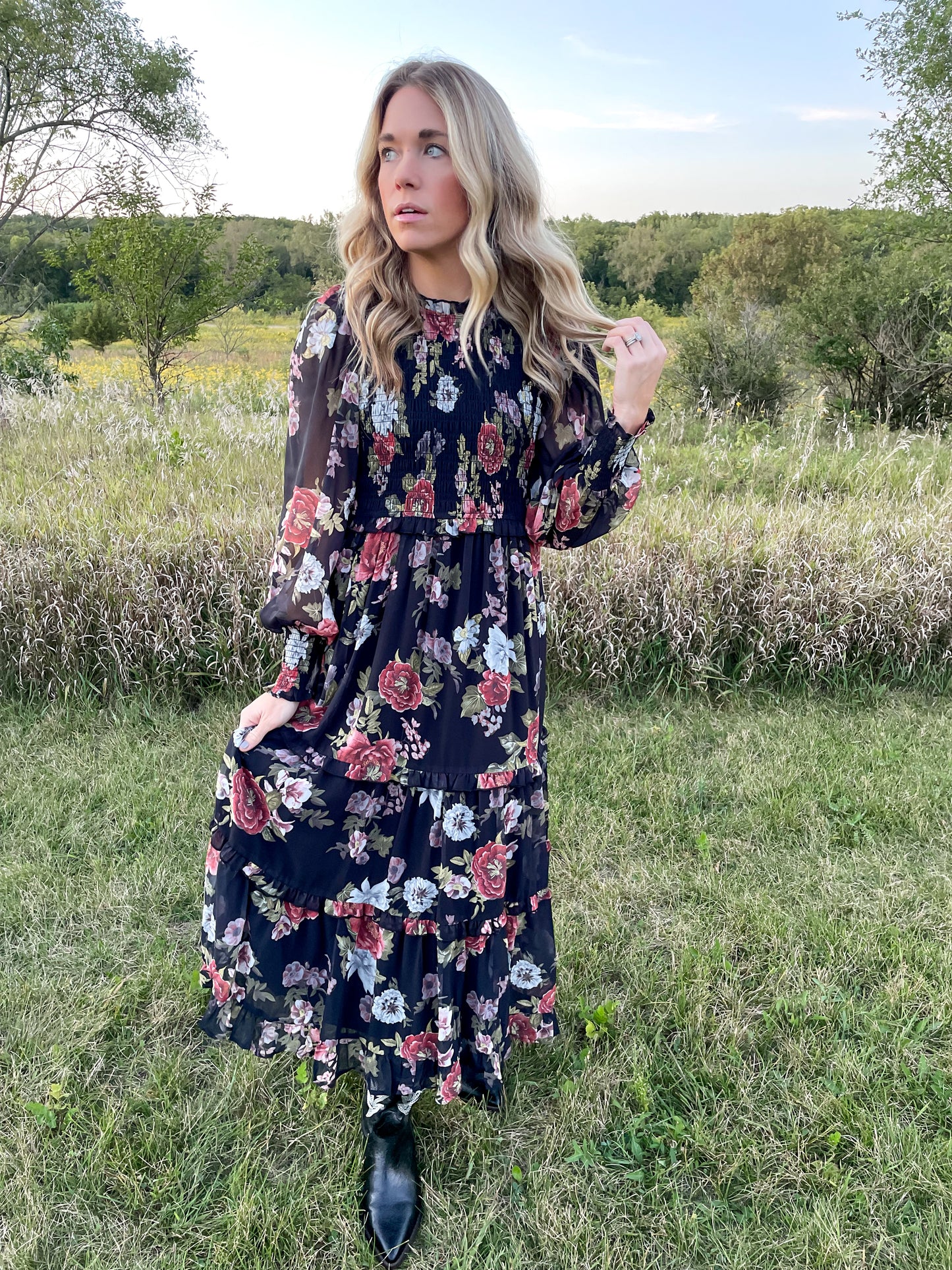 The Nova Smocked Floral Dress Black