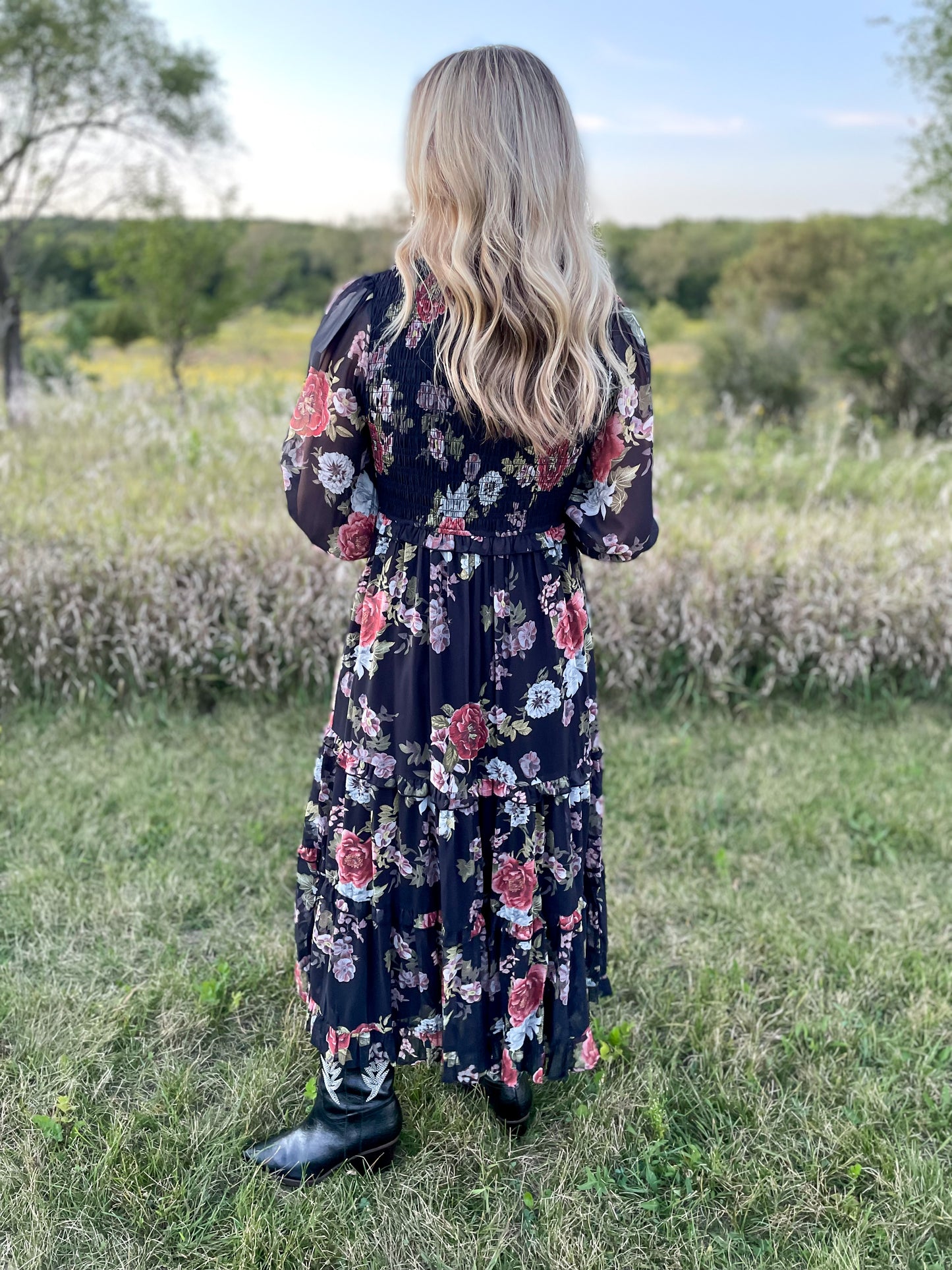 The Nova Smocked Floral Dress Black