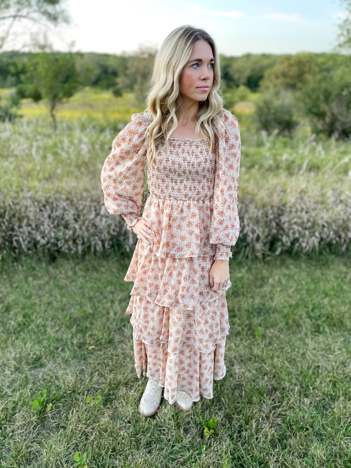 The Tilly Smocked Tiered Floral Maxi Dress Vintage Cream