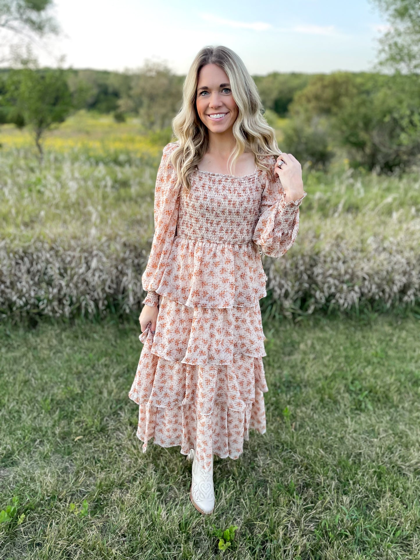 The Tilly Smocked Tiered Floral Maxi Dress Vintage Cream