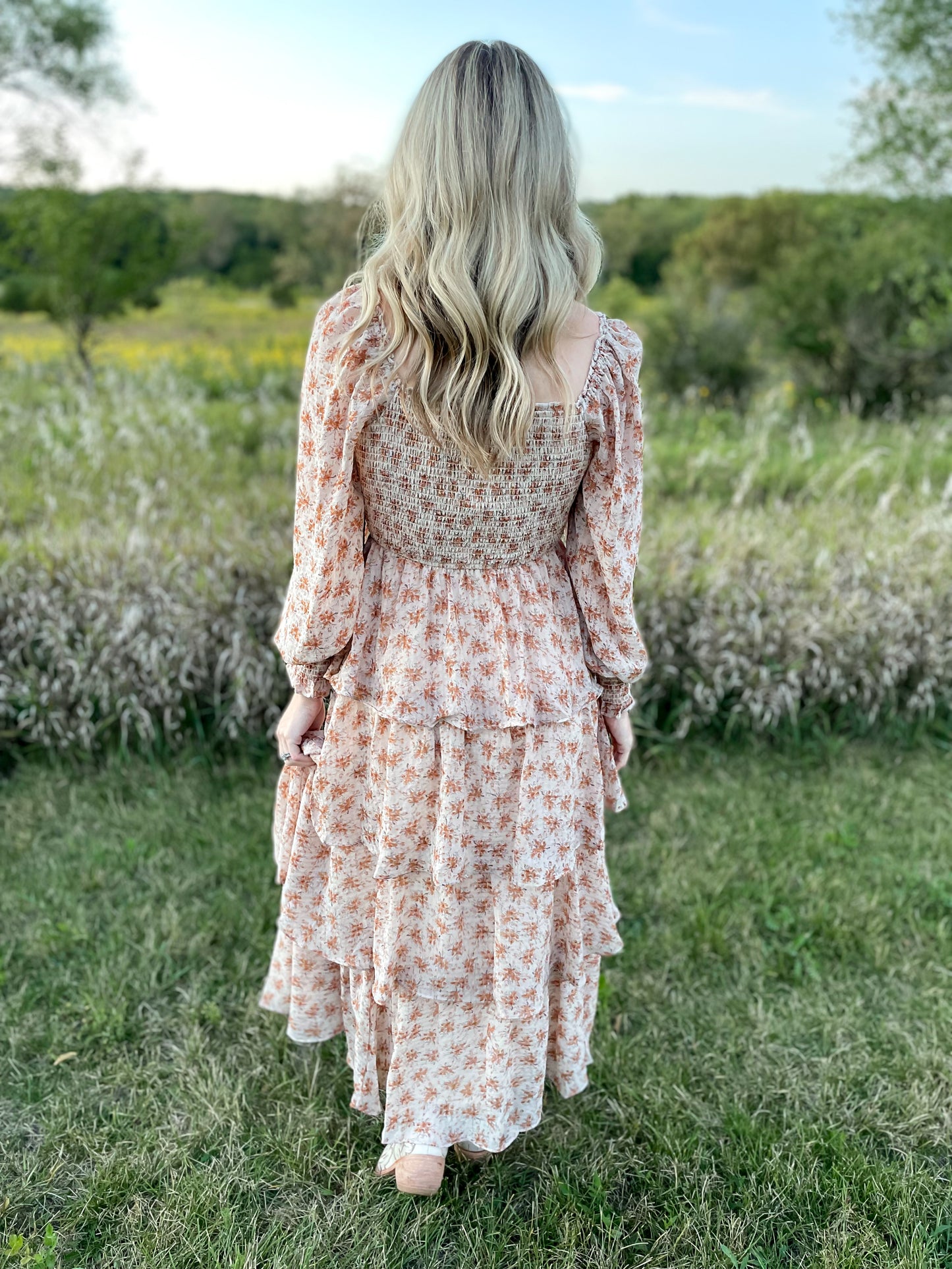 The Tilly Smocked Tiered Floral Maxi Dress Vintage Cream