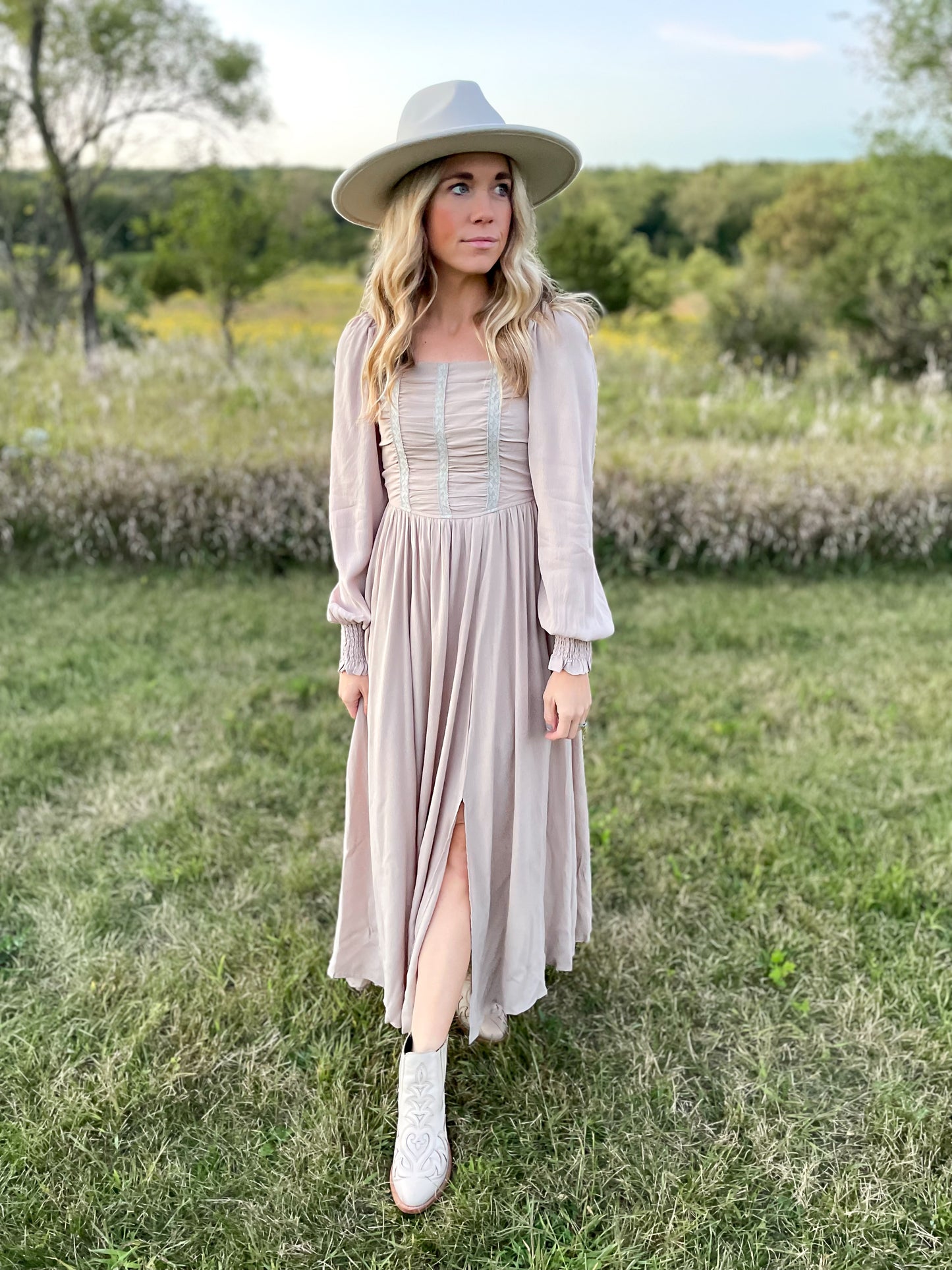 The Luna Ruched Bodice Maxi Dress Taupe