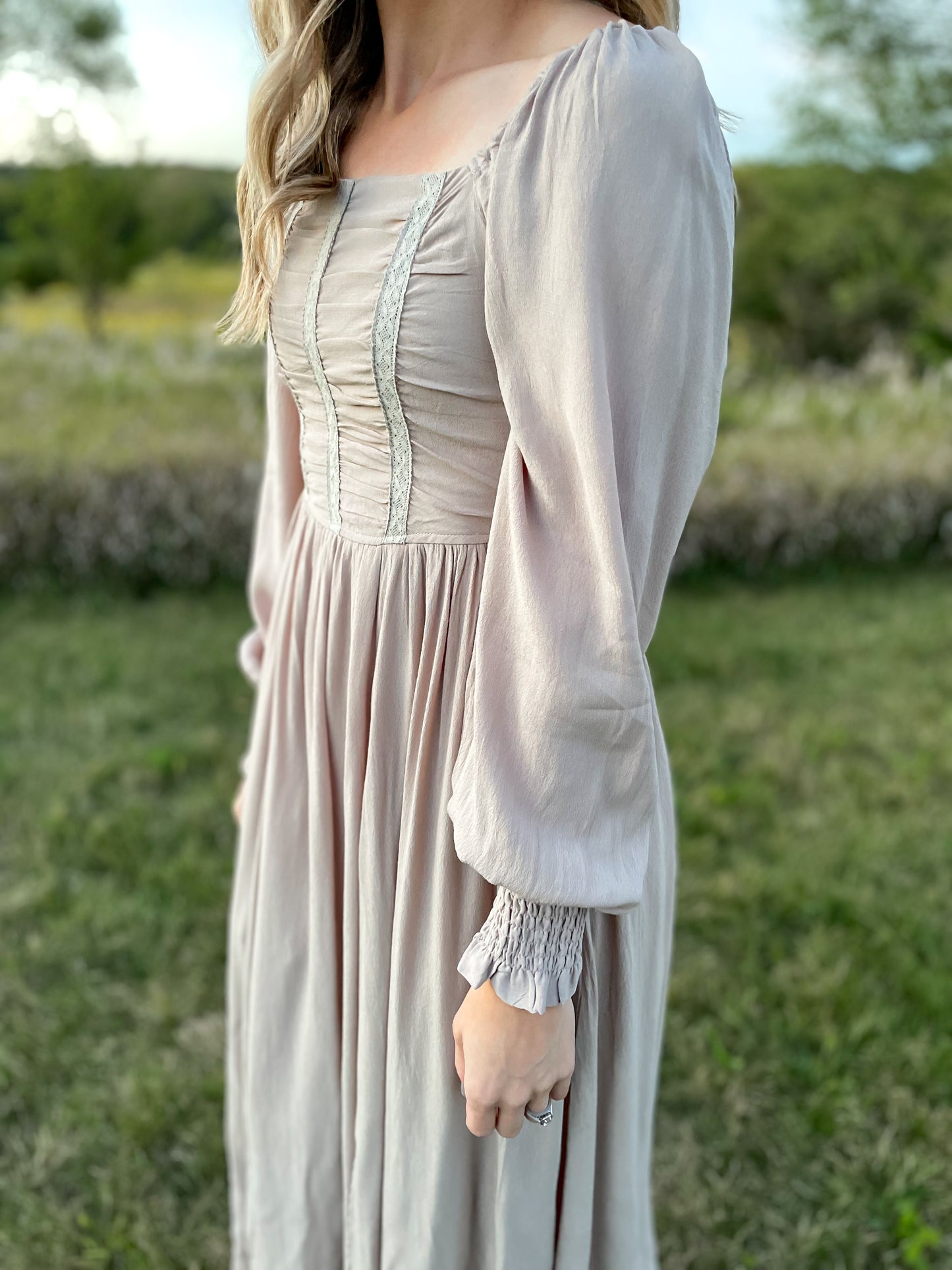 The Luna Ruched Bodice Maxi Dress Taupe